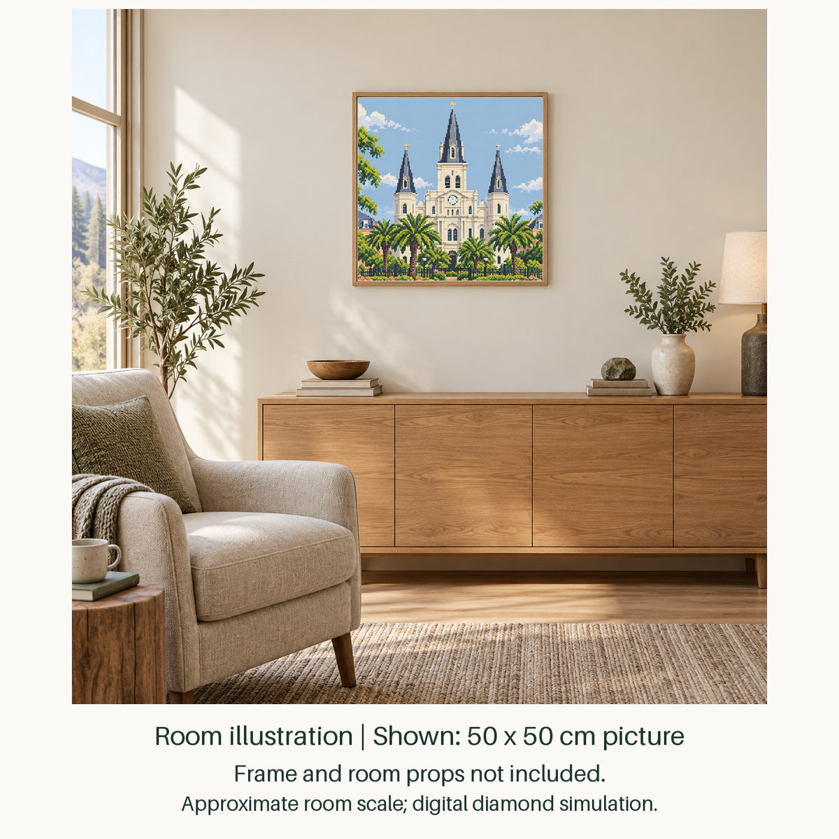 Room illustration showing an approximately 50 × 50 cm picture. Frame and room props not included; room scale is approximate.