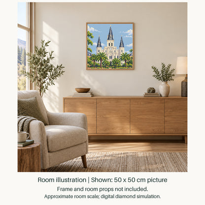 Room illustration showing an approximately 50 × 50 cm picture. Frame and room props not included; room scale is approximate.