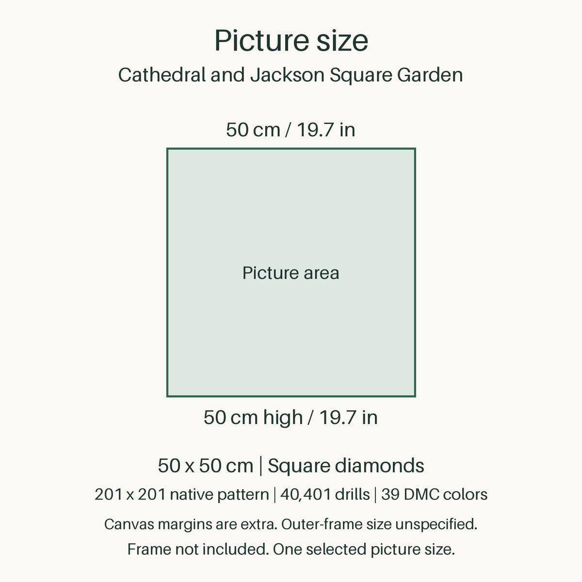 Proportional size guide for the sole 50 × 50 cm picture area. Canvas margins are extra; outer-frame size unspecified. Frame not included.