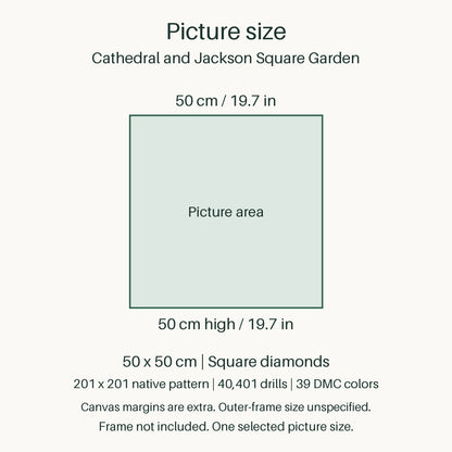 Proportional size guide for the sole 50 × 50 cm picture area. Canvas margins are extra; outer-frame size unspecified. Frame not included.