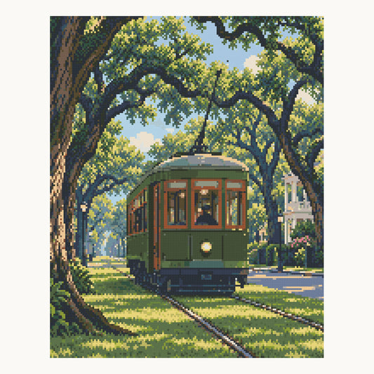 Streetcar beneath Live Oaks — digital Square-diamond preview of the complete 40 × 50 cm portrait picture. Finished colors and sparkle can vary.