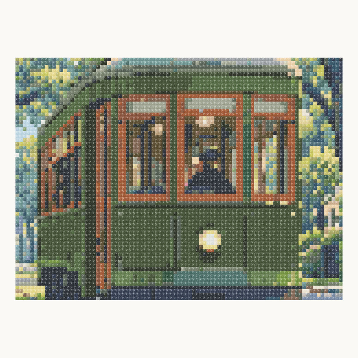 Enlarged local Square-diamond simulation of the streetcar front window frames, central lamp and green body; not a finished-sample photograph.