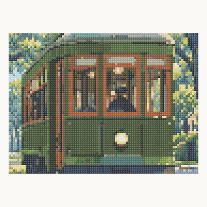 Enlarged local Square-diamond simulation of the streetcar front window frames, central lamp and green body; not a finished-sample photograph.