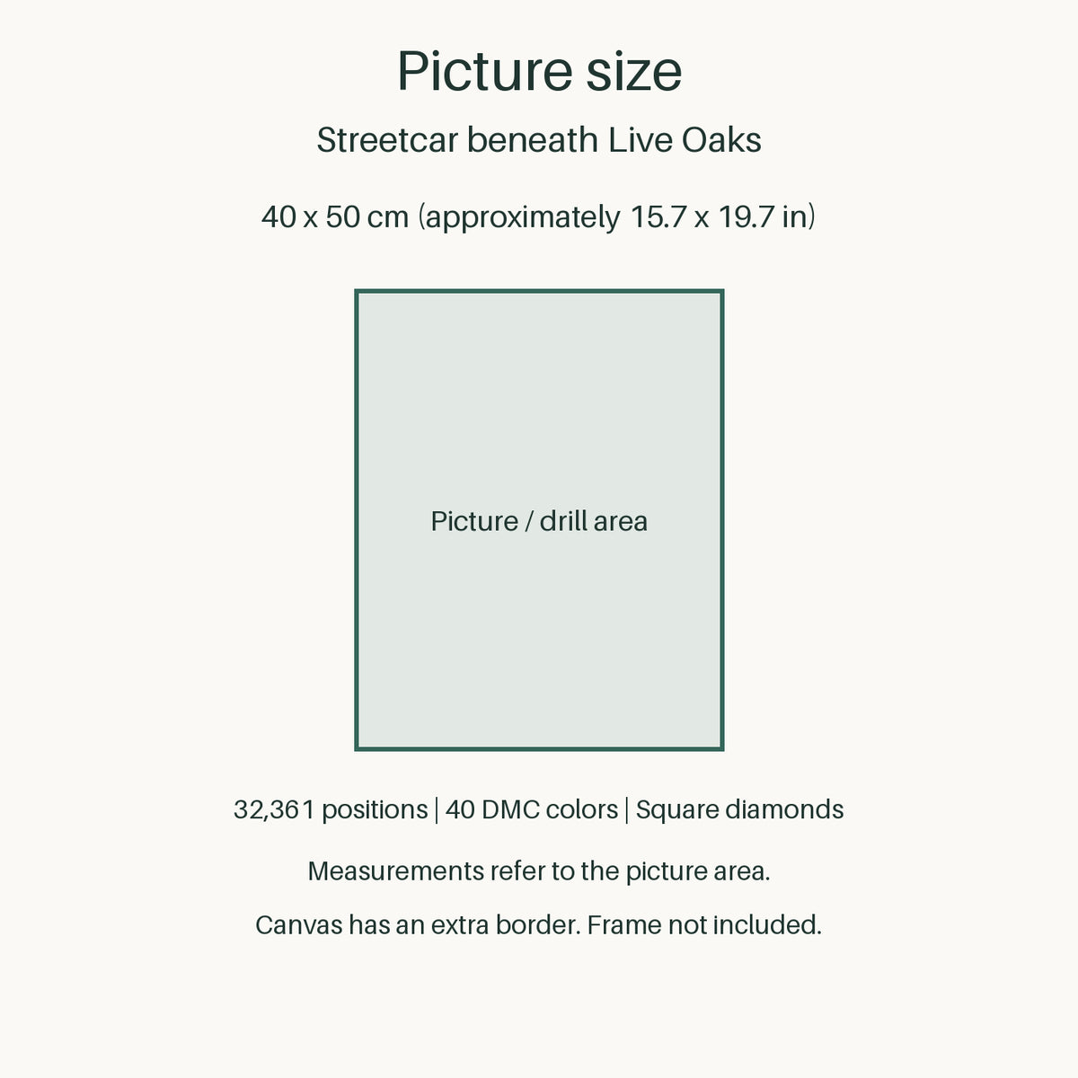 Measurements refer to the 40 × 50 cm picture area (approximately 15.7 × 19.7 in). Canvas has an extra border. Frame not included.