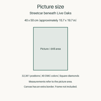 Measurements refer to the 40 × 50 cm picture area (approximately 15.7 × 19.7 in). Canvas has an extra border. Frame not included.