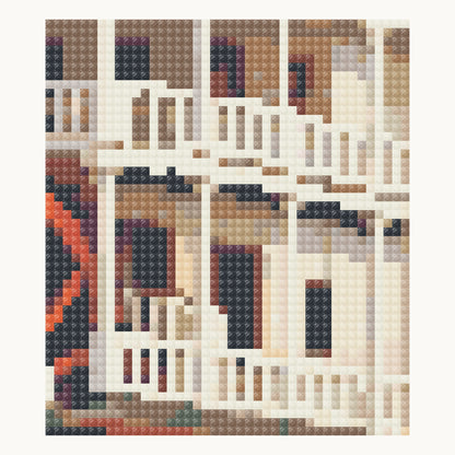 Enlarged local Square-diamond simulation of layered deck rails and dark window and door openings; not a finished-sample photograph.