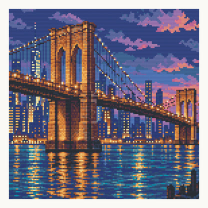 Brooklyn Bridge Blue Hour — digital round-diamond preview of the 40 × 40 cm picture area. Finished colors and sparkle can vary.