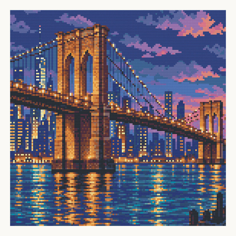 Brooklyn Bridge Blue Hour — digital round-diamond preview of the 40 × 40 cm picture area. Finished colors and sparkle can vary.