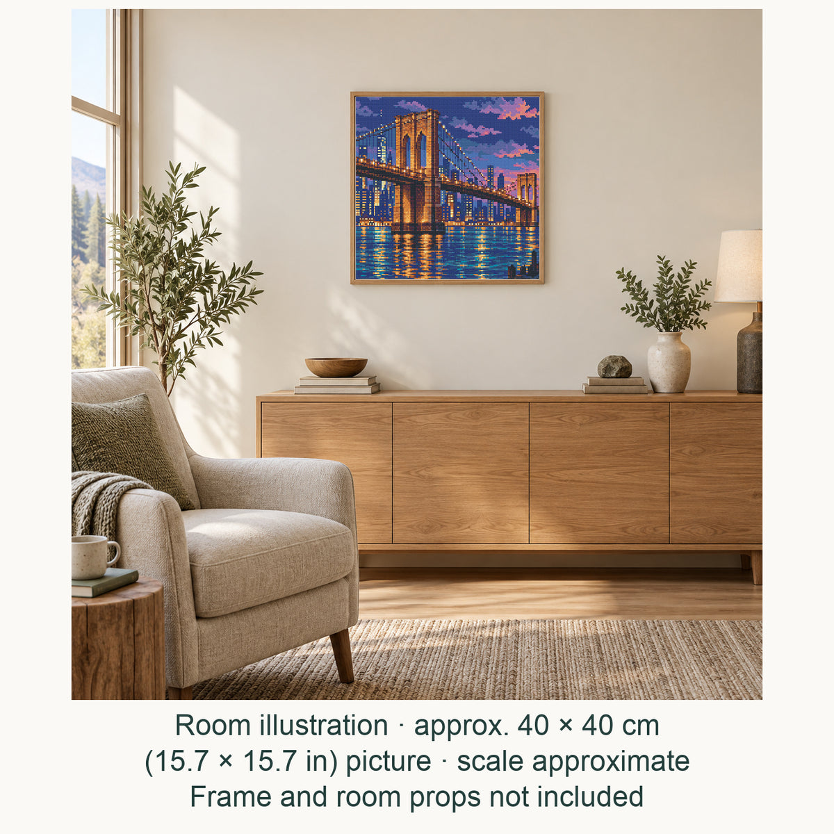 Room illustration showing an approximately 40 × 40 cm (15.7 × 15.7 in) picture, excluding the frame. Frame and room props not included; room scale is approximate.
