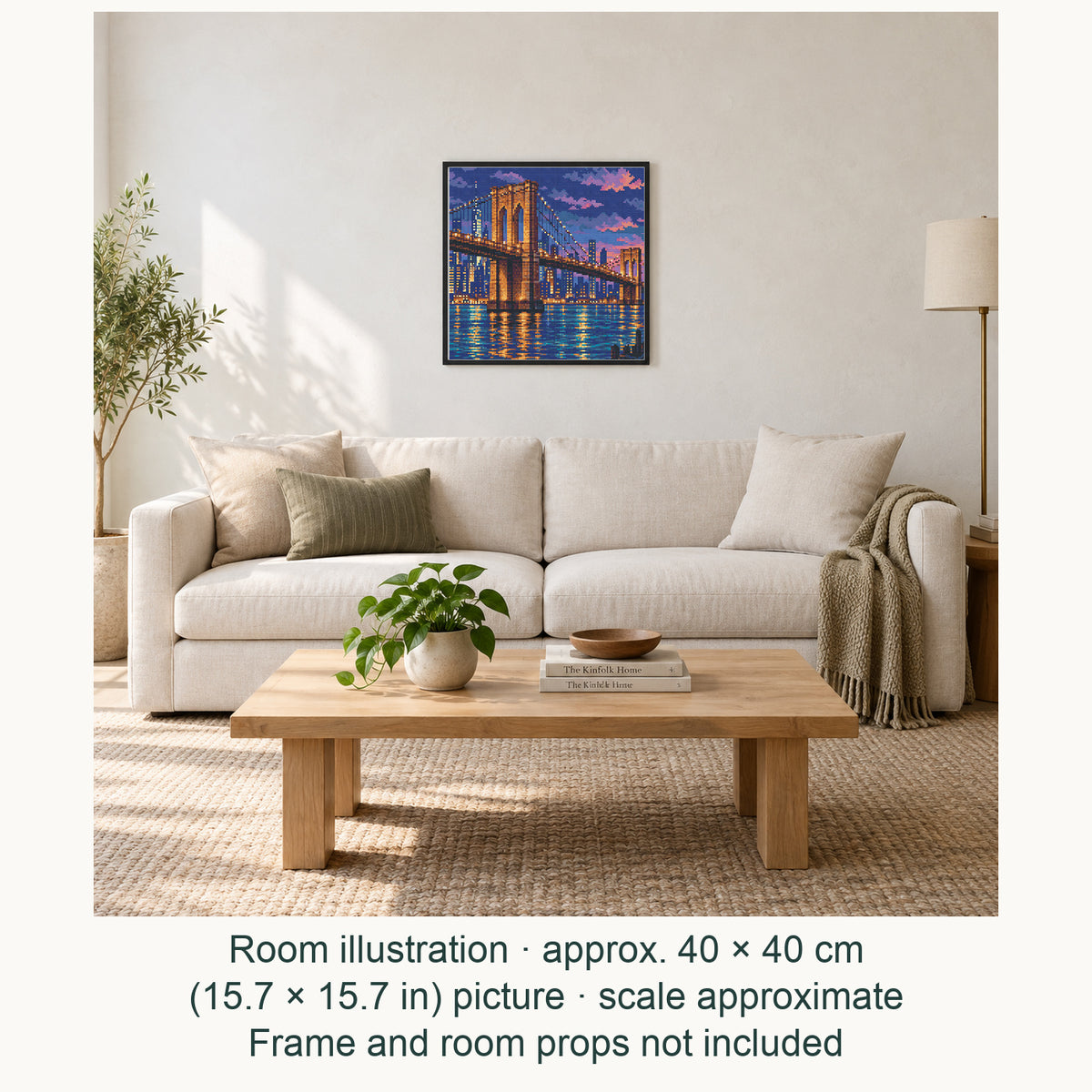 Room illustration showing an approximately 40 × 40 cm (15.7 × 15.7 in) picture, excluding the frame. Frame and room props not included; room scale is approximate.