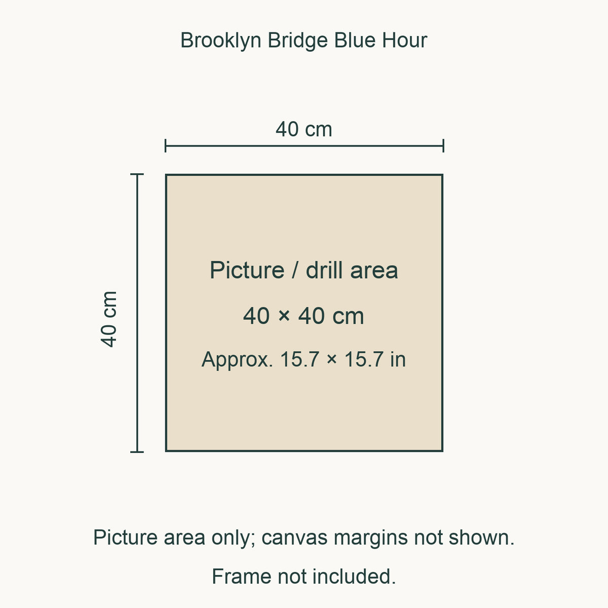 Sole edition: 40 × 40 cm (approximately 15.7 × 15.7 in) picture/drill area. Canvas margins and outer frame dimensions are not shown. Frame not included.