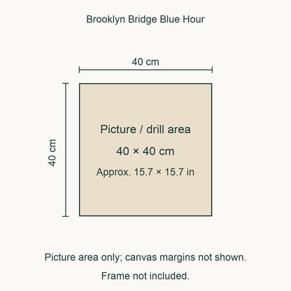 Sole edition: 40 × 40 cm (approximately 15.7 × 15.7 in) picture/drill area. Canvas margins and outer frame dimensions are not shown. Frame not included.