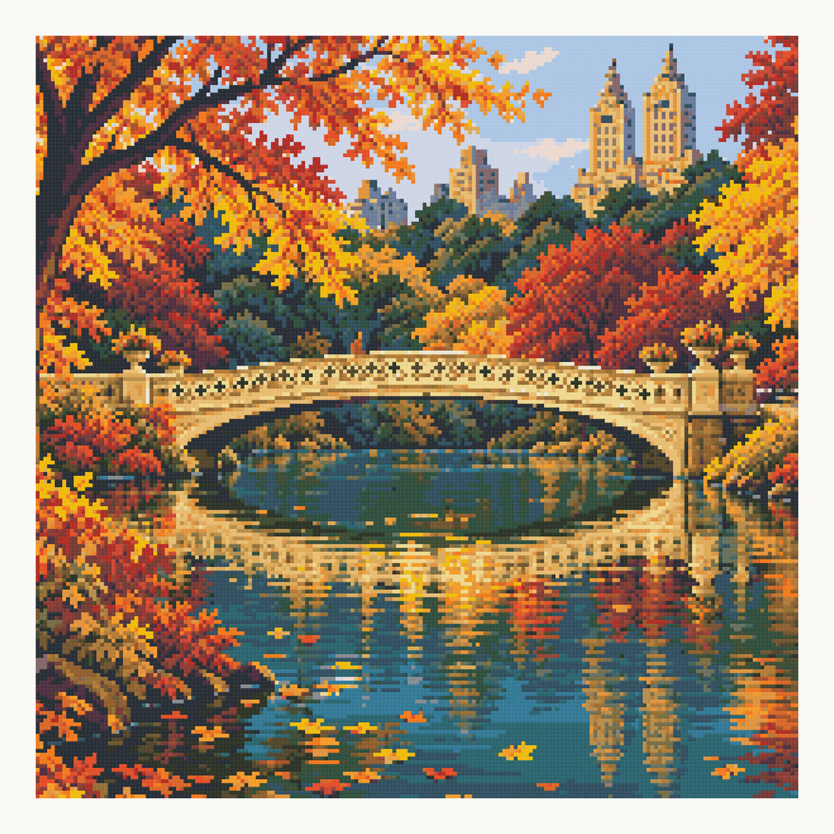 Bow Bridge Autumn · 50 × 50 cm square-diamond digital preview. Finished colors and sparkle can vary.