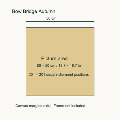 50 × 50 cm picture area, about 19.7 × 19.7 inches. Canvas margins extra; frame not included.