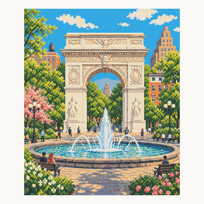 Washington Square Arch and Fountain — digital square-diamond preview of the 50 × 60 cm picture area. Finished colors and sparkle can vary.
