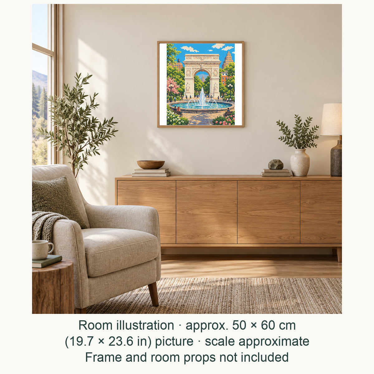 Room illustration showing an approximately 50 × 60 cm (19.7 × 23.6 in) picture, excluding the frame. Frame and room props not included; room scale is approximate.