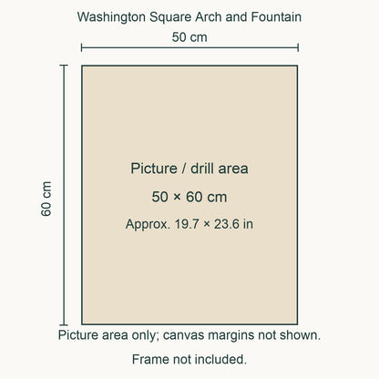 Sole edition: 50 × 60 cm (approximately 19.7 × 23.6 in) picture/drill area. Canvas margins and outer frame dimensions are not shown. Frame not included.