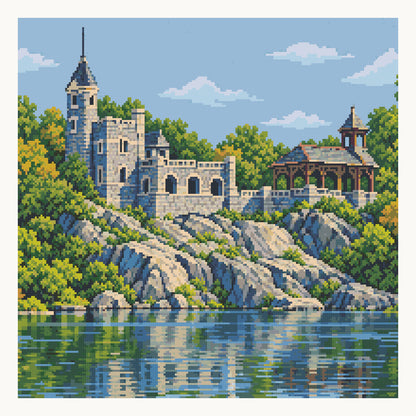 New York Belvedere Castle — 50 × 50 cm picture area. Digital square-diamond preview; finished color and sparkle may vary.