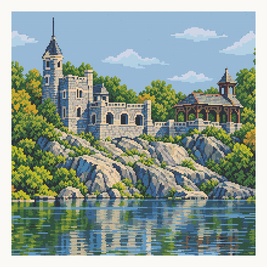 New York Belvedere Castle — 50 × 50 cm picture area. Digital square-diamond preview; finished color and sparkle may vary.