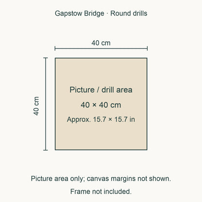 The decorated picture measures 40 × 40 cm (about 15.7 × 15.7 in). Canvas margins are extra; frame not included.