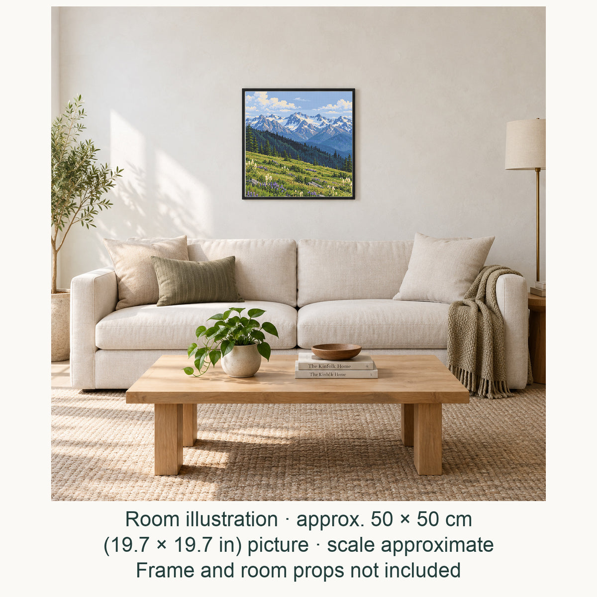 Room illustration showing an approximately 50 × 50 cm (19.7 × 19.7 in) picture, excluding the frame. Frame and room props not included; room scale is approximate.