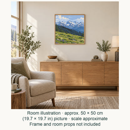 Room illustration showing an approximately 50 × 50 cm (19.7 × 19.7 in) picture, excluding the frame. Frame and room props not included; room scale is approximate.