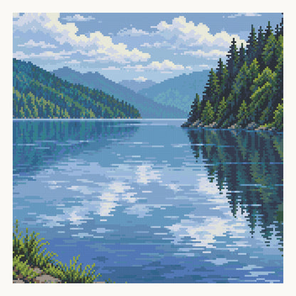 Lake Crescent Reflections — original Olympic artwork, shown as a digital preview of the 40 × 40 cm picture area. Finished colors and sparkle can vary.