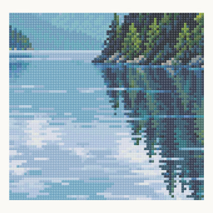 Lake Crescent Reflections — enlarged local digital square-drill detail from the same 40 × 40 cm pattern; not a finished sample photo.
