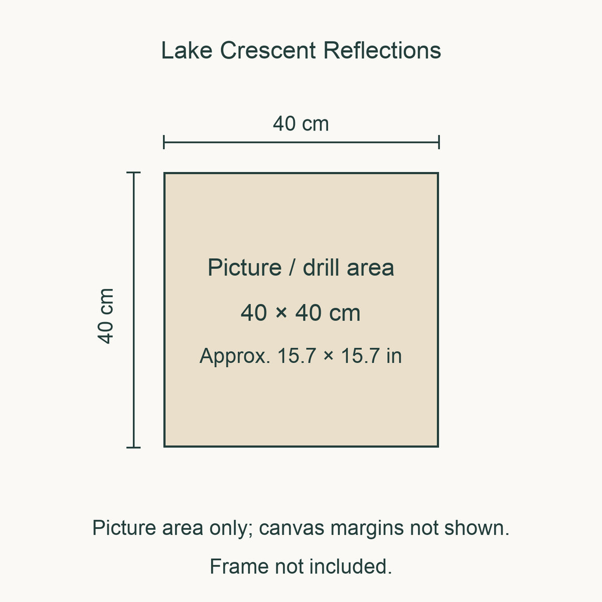 Size guide for this design: 40 × 40 cm (approximately 15.7 × 15.7 in) picture/drill area. Canvas margins and outer frame dimensions are not shown. Frame not included.