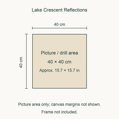 Size guide for this design: 40 × 40 cm (approximately 15.7 × 15.7 in) picture/drill area. Canvas margins and outer frame dimensions are not shown. Frame not included.