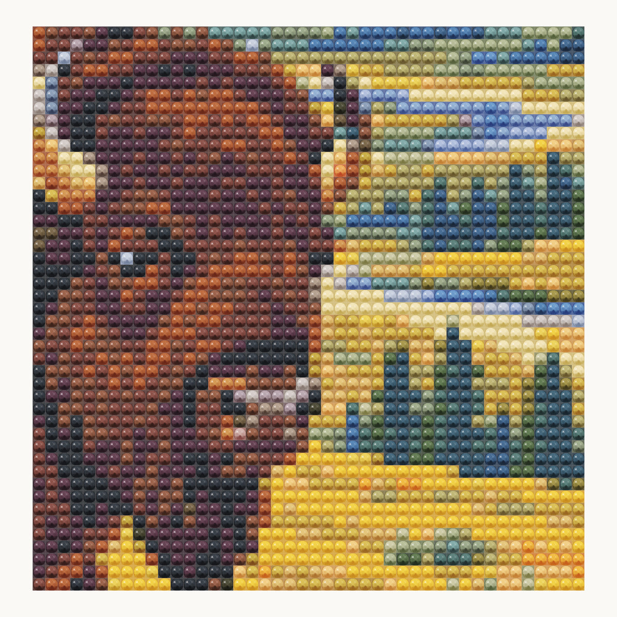 Lamar Valley Bison · local detail of the 40 × 40 cm pattern, shown as a digital round-diamond simulation, not a finished sample photo.