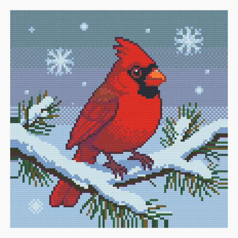 Red Cardinal in Snow · 30 × 30 cm round-diamond digital preview. Finished colors and sparkle can vary.