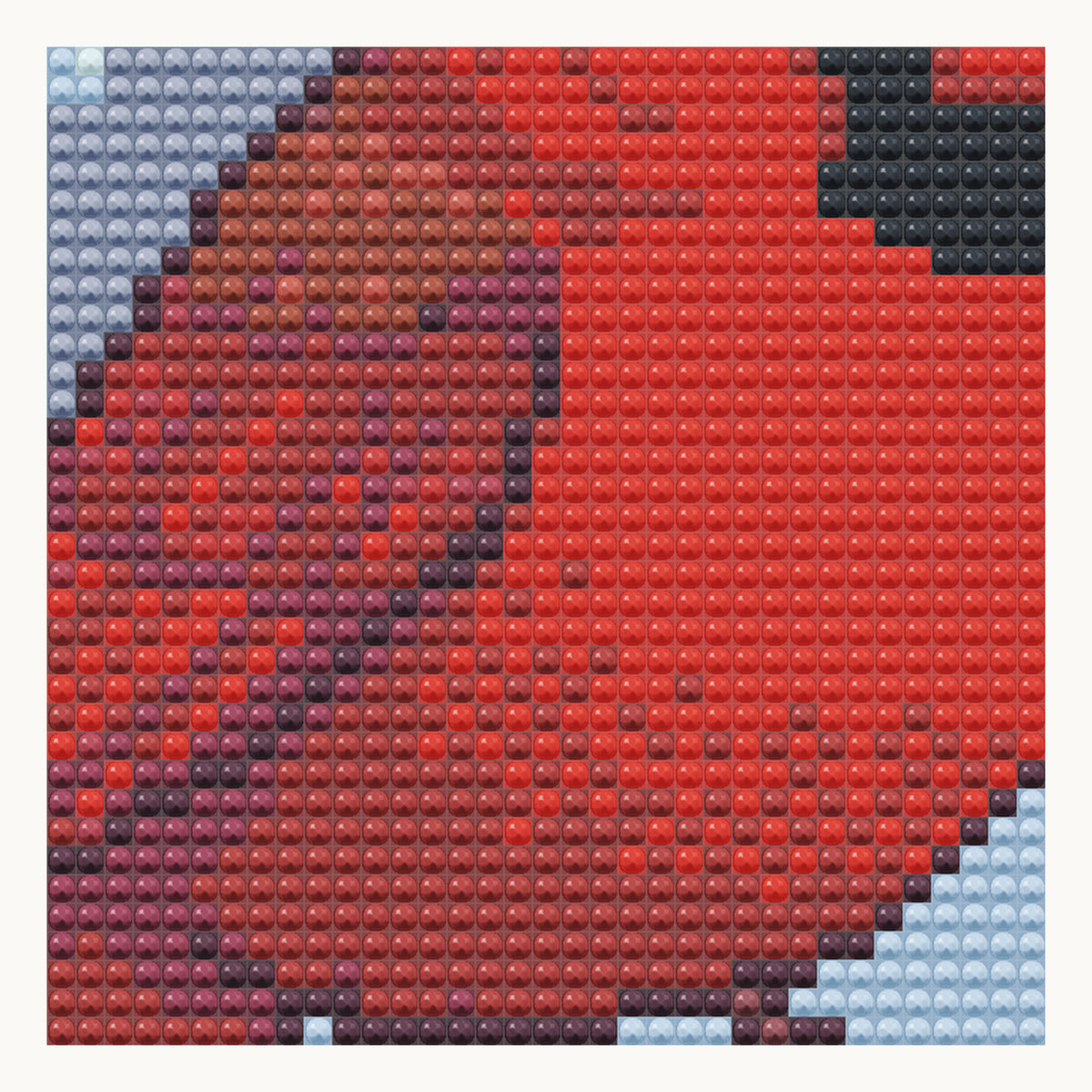 Red Cardinal in Snow · local detail of the 30 × 30 cm pattern, shown as a digital round-diamond simulation, not a finished sample photo.