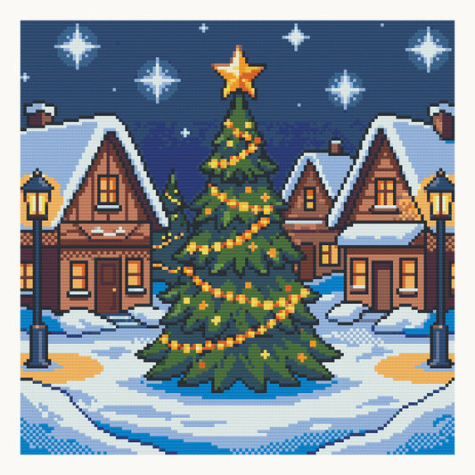 Snowy Village & Tree · 40 × 40 cm round-diamond digital preview. Finished colors and sparkle can vary.