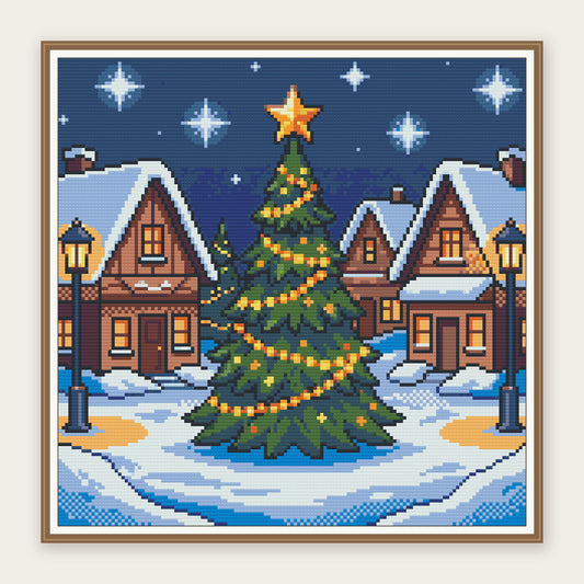 Snowy Village & Tree · 40 × 40 cm picture in a digital framing illustration. Frame not included.