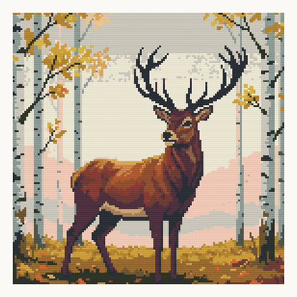 Stag in the Autumn Birches · 40 × 40 cm round-diamond digital preview. Finished colors and sparkle can vary.