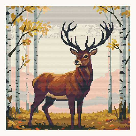 Stag in the Autumn Birches · 40 × 40 cm round-diamond digital preview. Finished colors and sparkle can vary.