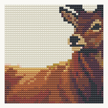Stag in the Autumn Birches · local detail of the 40 × 40 cm pattern, shown as a digital round-diamond simulation, not a finished sample photo.