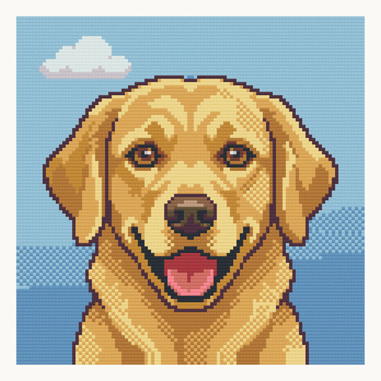 Golden Retriever Smile · 30 × 30 cm round-diamond digital preview. Finished colors and sparkle can vary.