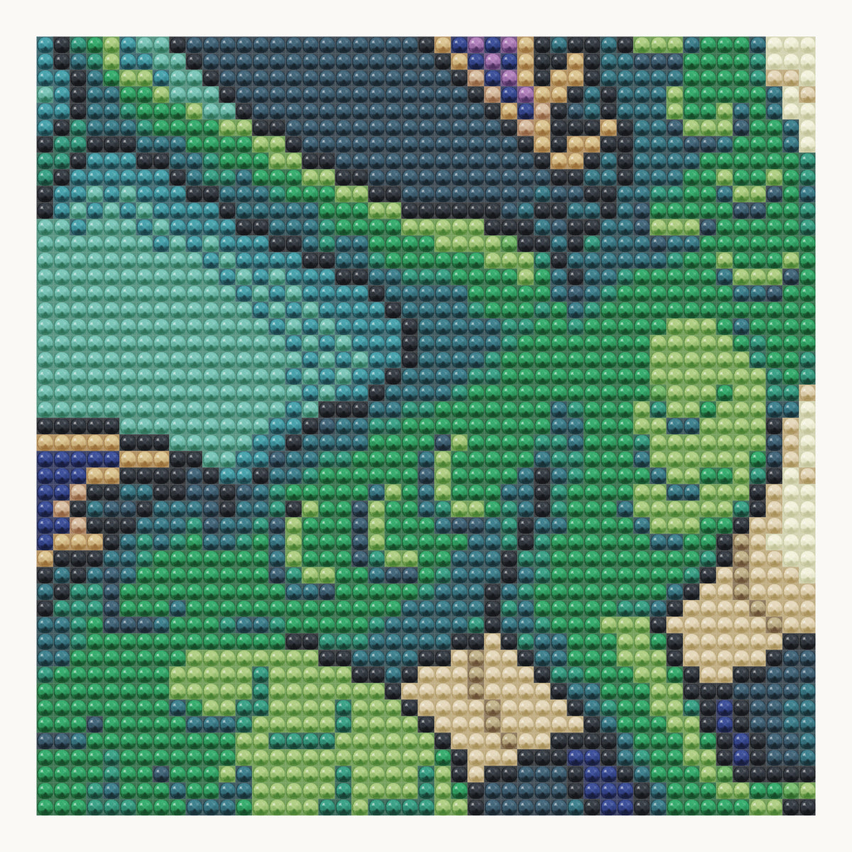 Emerald Dragon · local detail of the 40 × 40 cm pattern, shown as a digital round-diamond simulation, not a finished sample photo.