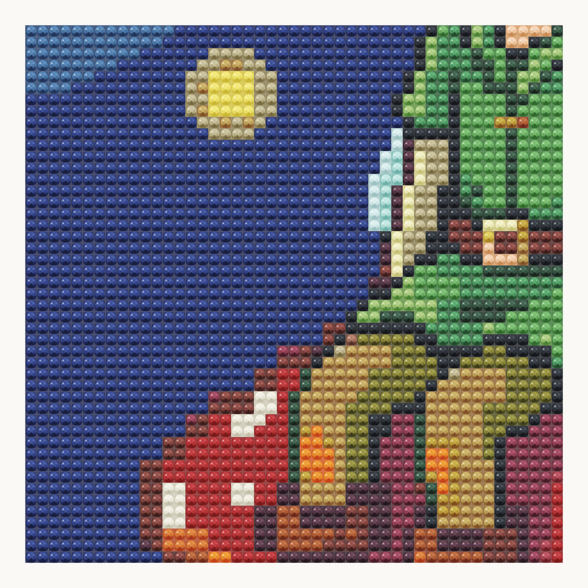 Storybook Toadstool Glade · local detail of the 40 × 40 cm pattern, shown as a digital round-diamond simulation, not a finished sample photo.