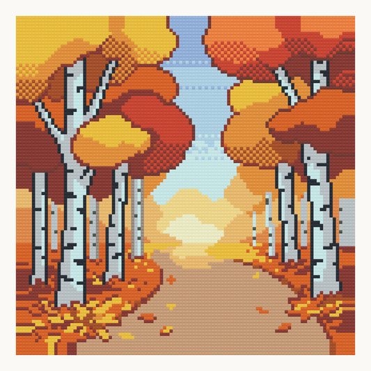 Autumn Birch Path · 30 × 30 cm round-diamond digital preview. Finished colors and sparkle can vary.