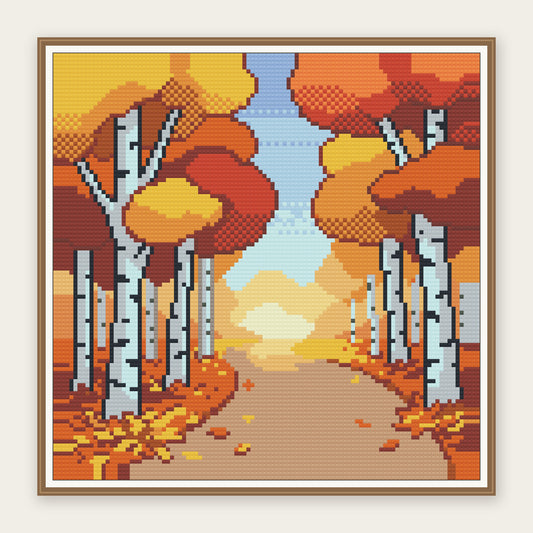 Autumn Birch Path · 30 × 30 cm picture in a digital framing illustration. Frame not included.