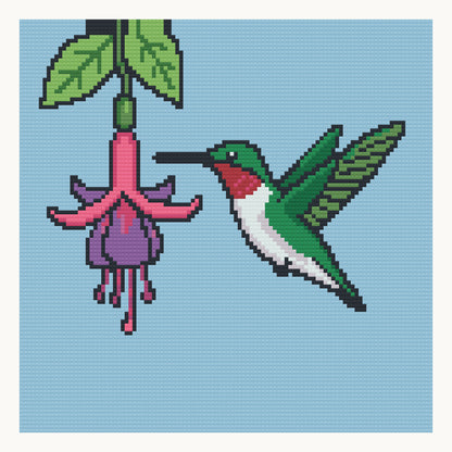 Hummingbird & Fuchsia · 30 × 30 cm round-diamond digital preview. Finished colors and sparkle can vary.