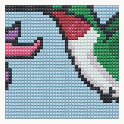 Hummingbird & Fuchsia · local detail of the 30 × 30 cm pattern, shown as a digital round-diamond simulation, not a finished sample photo.