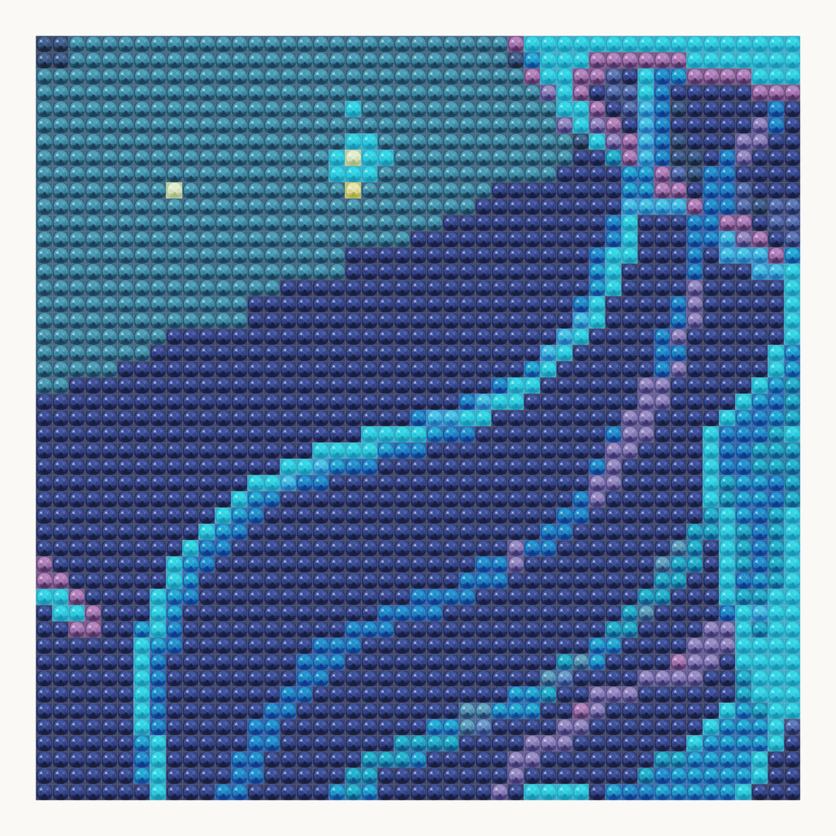 Bioluminescent Drift · local detail of the 40 × 40 cm pattern, shown as a digital round-diamond simulation, not a finished sample photo.