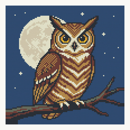 Great Horned Owl at Night · 30 × 30 cm round-diamond digital preview. Finished colors and sparkle can vary.
