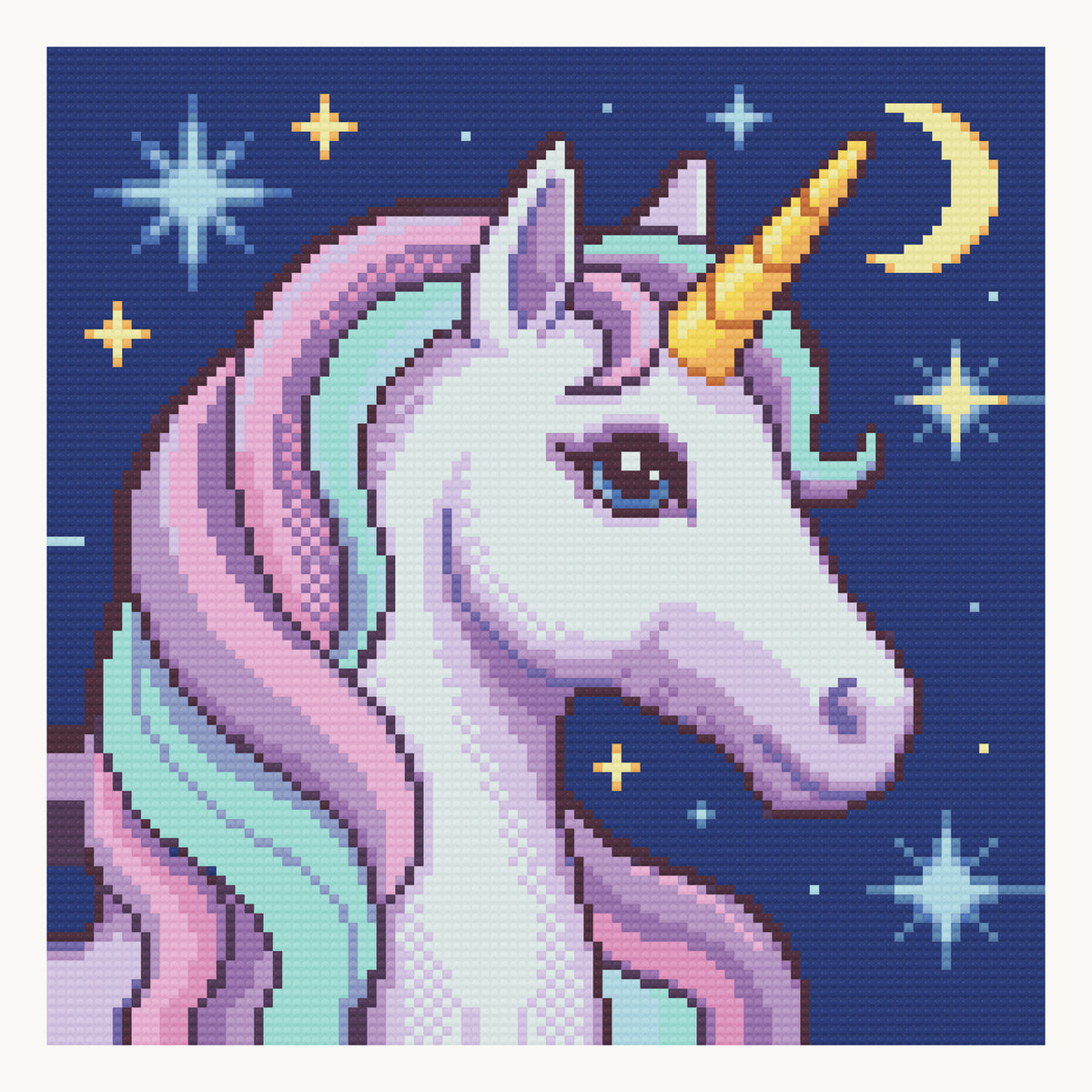 Starlit Unicorn · 30 × 30 cm round-diamond digital preview. Finished colors and sparkle can vary.