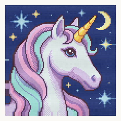 Starlit Unicorn · 30 × 30 cm round-diamond digital preview. Finished colors and sparkle can vary.