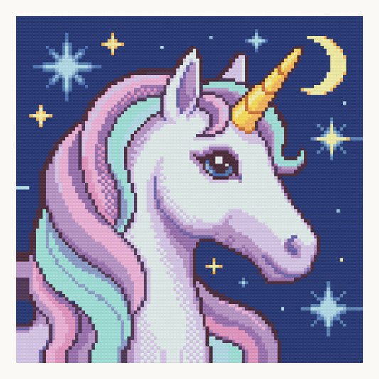 Starlit Unicorn · 30 × 30 cm round-diamond digital preview. Finished colors and sparkle can vary.